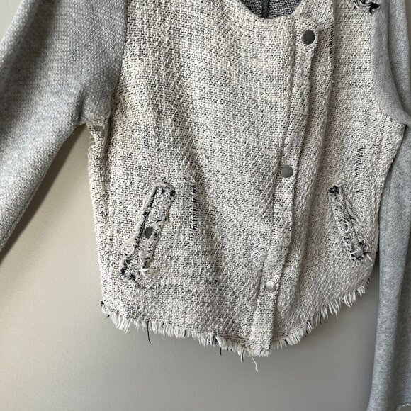 We The Free Tattered Tweed Button Front Cropped Raw Hem Moto Jacket Gray Cream 8 - Picture 6 of 8